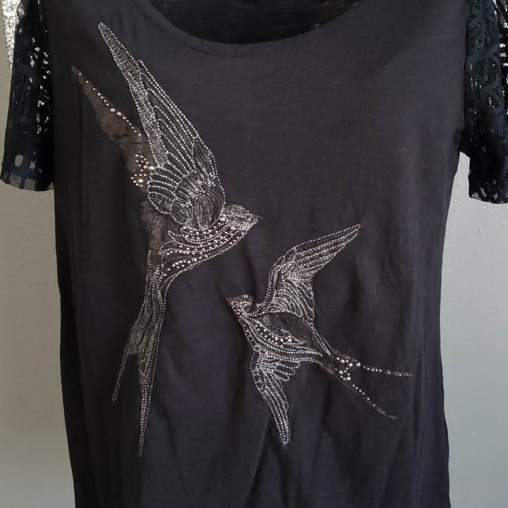Black & Silver Swallow Bird Lace Sleeve Top
